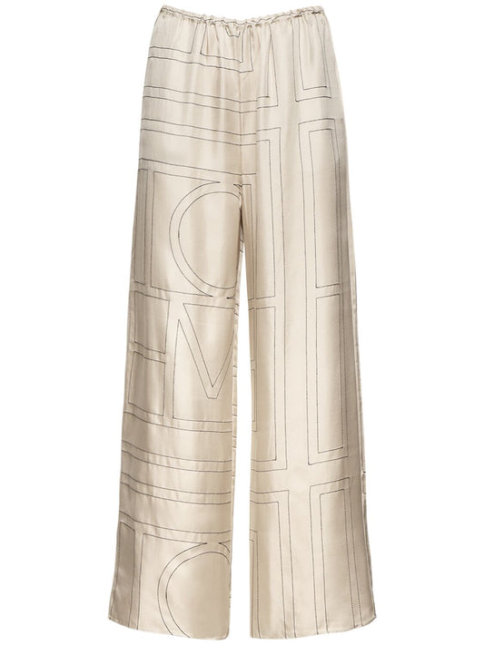 Monogram embroidered silk pants